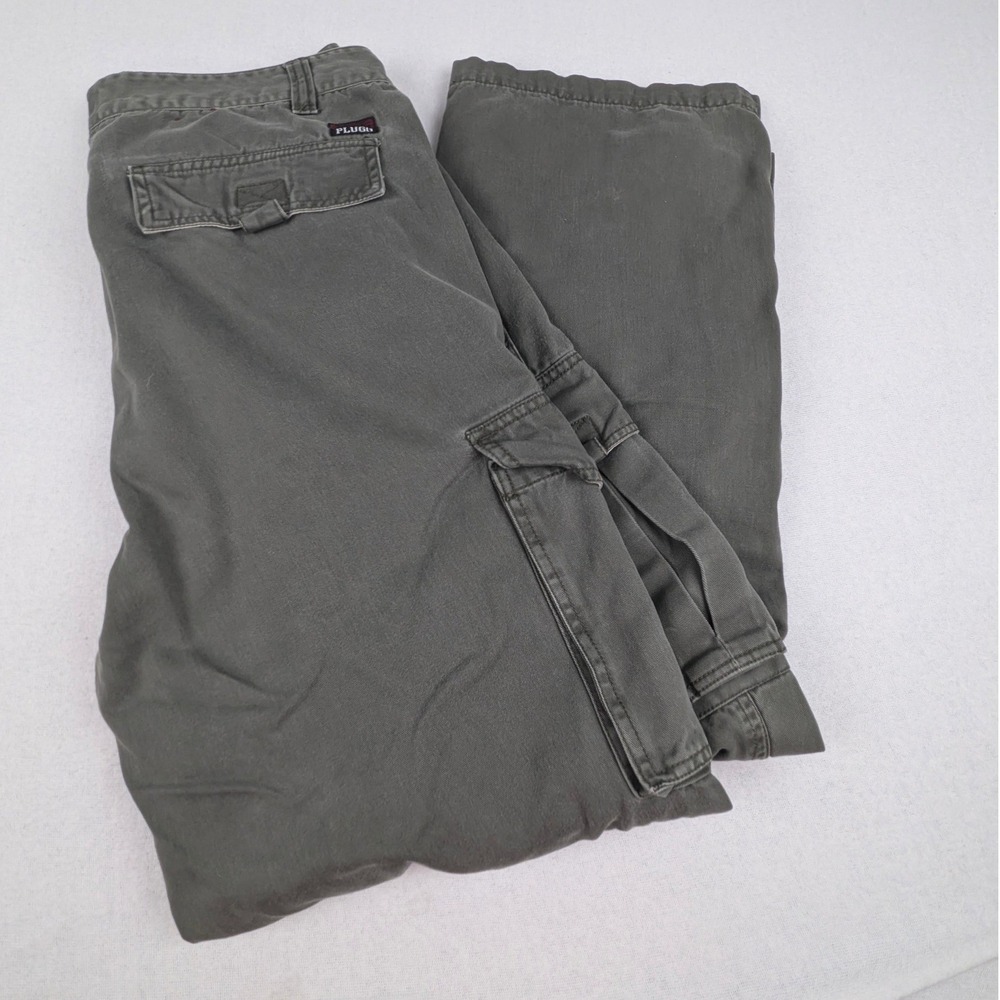 Plugg Mens Cargo Pants 33x32 Olive Green Cotton Straight Leg Multi Pocket Y2K